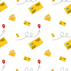 Bright and playful pattern of envelopes and location markers on a light background