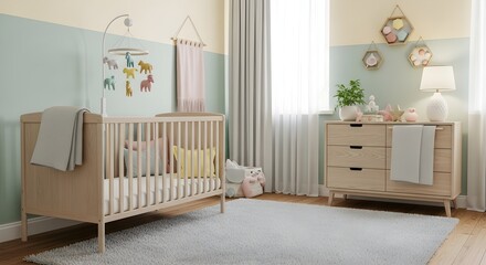 A serene nursery featuring a wooden crib a dresser with decor and soft pastel walls