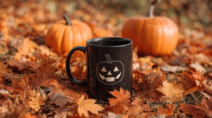 Halloween coffee mug mockup on orange autumn leaves background with pumpkins