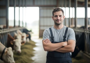 Smiling Farmer in Barn with Cows.