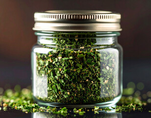 Dried Parsley Flakes in Glass Jar with Metal Lid on Dark Background