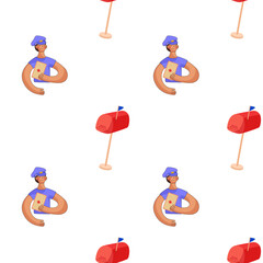 Fun and colorful illustration of a muscular mail carrier with mailboxes in a playful pattern
