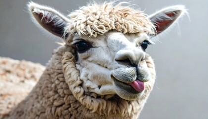 Obraz premium Close-up of a funny alpaca with a sticking out tongue