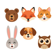 A charming collection of six cute cartoon animal heads including a bear fox cat rabbit dog and owl all with happy expressions.