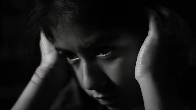 Close up of a child's face in despair, holding head in hands, dark mood.