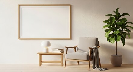 Minimalist Scandinavian Living Room Corner with Blank Framed Art and Fiddle Leaf Fig Plant.