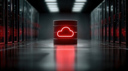 Glowing cloud symbol on red barrel in server room