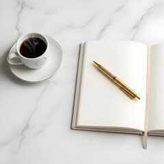 A stylish, minimalist scene depicts a hot coffee, open notebook and golden pen on a marble surface, 