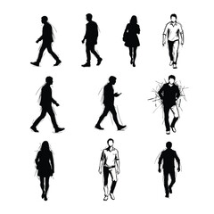 A collection of black graphic silhouettes and line art illustrations of diverse people walking.
