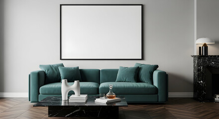Modern Teal Velvet Sofa Living Room Interior Design Mockup