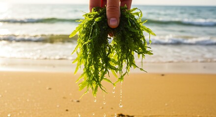 Hand holding fresh green seaweed dripping water on a sunny sandy beach with ocean waves. Marine life and coastal environment.