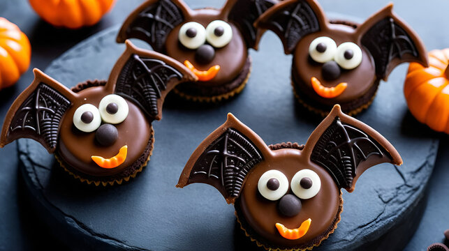 Adorable milk chocolate bat treats with Oreo wings; playful Halloween confectionery; festive, whimsical, and fun party food; cute spooky dessert image. - Powered by Adobe