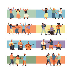 A collection of diverse cartoon people celebrating together dancing and playing musical instruments.