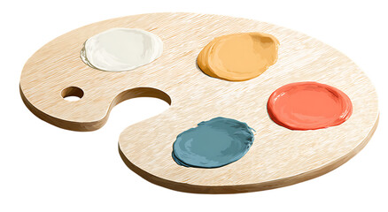 Wooden artist s palette with colorful paints isolated on transparent background