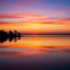 Obraz premium A vibrant sunset reflects on a calm lake with silhouetted trees creating a peaceful and serene vista