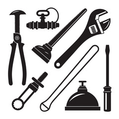 Collection of black silhouette plumbing tools including a plunger pipe wrench adjustable wrench and screwdriver on white background