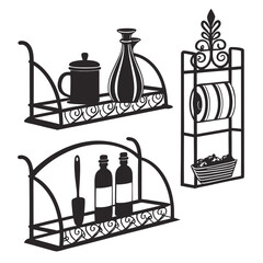 Decorative black metal wall shelves with ornate scrollwork holding kitchen items and a toilet paper holder with a basket