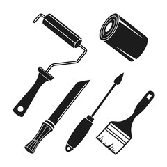 Collection of black silhouette painting and crafting tools including a paint roller brush and chisel on a white background