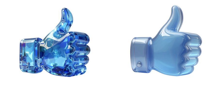 Set 3D Blue Glass Thumbs-Up Icon, Isolated on White Background PNG - Powered by Adobe