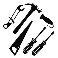 Collection of black silhouette hand tools including a hammer saw wrenches and screwdrivers arranged on a white background
