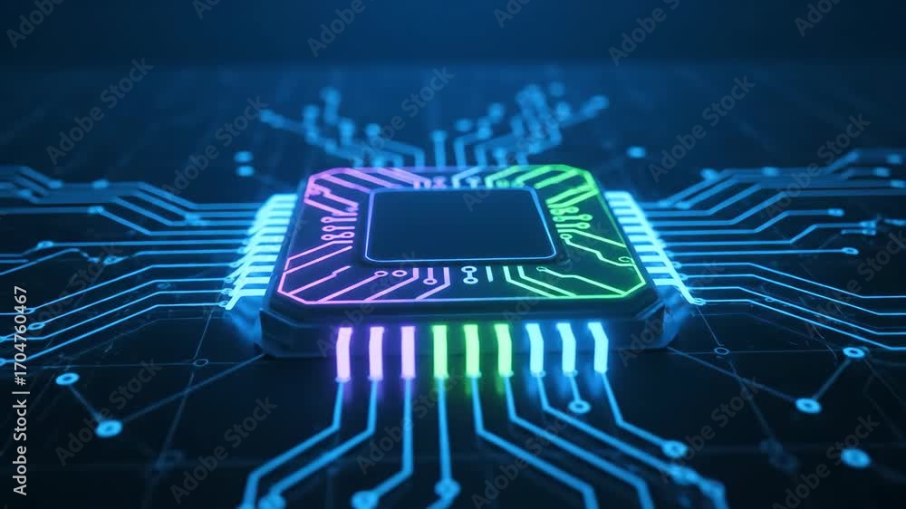 Poster glowing neon ai chip and futuristic circuitry symbolizing innovation and advanced artificial intelli