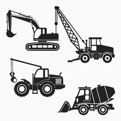 Collection of black silhouette icons representing construction vehicles including an excavator a crane a tractor with a hook and a cement mixer