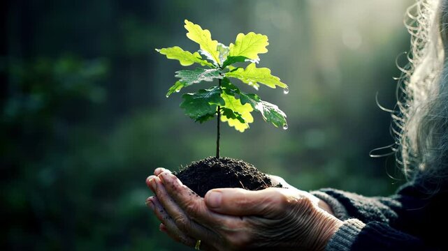 Young oak sapling held in hands close up hopeful future concept high quality professional
