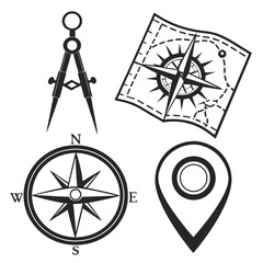 Collection of navigation tools including a compass map drafting compass and location pin