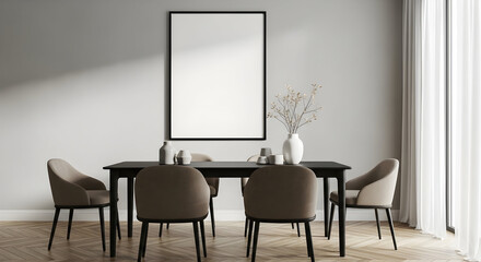 Modern minimalist dining room interior design with black table and beige chairs