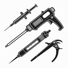 Collection of medical and dental instruments including syringes and forceps in a black and white illustration style