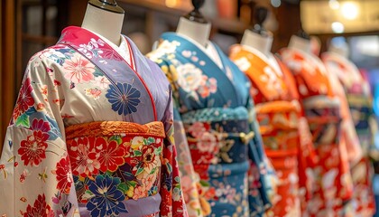 Vibrant Kimonos Displayed on Mannequins in a Store.