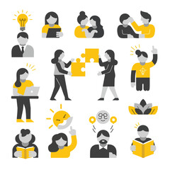 A collection of modern flat icons in yellow and black illustrating teamwork creative ideas and problemsolving concepts.