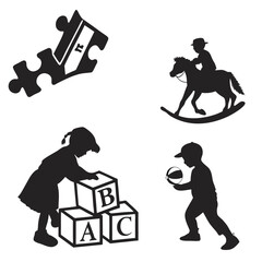 Obraz premium Collection of black silhouettes depicting children engaged in various playful activities and learning concepts