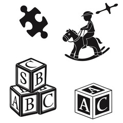 Collection of classic black and white silhouette toys including a rocking horse with child puzzle piece and alphabet blocks