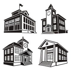 Collection of stylized black and white silhouette illustrations of classic institutional buildings like schools and libraries