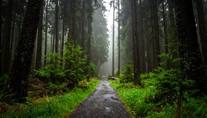 Obraz premium Misty Forest Path with Tall Trees and Lush Greenery.