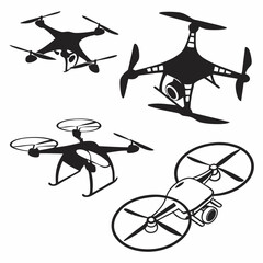 Collection of four black silhouette quadcopter drones with cameras in various perspectives and designs isolated on white background
