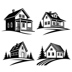 Collection of stylized black and white vector illustrations of cozy houses and evergreen trees on rolling hills