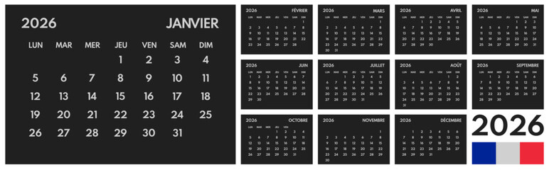2026 year monthly office planner, calendar starts monday, two red weekends, black background, french months name, 12 month planner grid