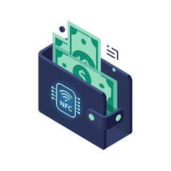 An isometric illustration shows a modern digital wallet with dollar bills and an NFC chip, symbolizing secure, convenient, and innovative contactless payment methods.