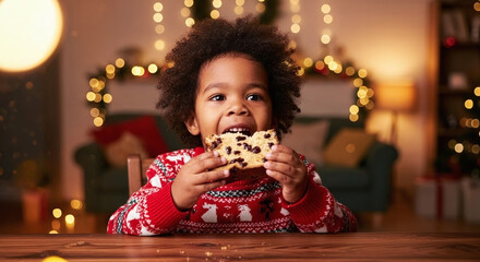 Joyful child in festive sweater devours delicious holiday cake amidst warm Christmas lights and cozy home atmosphere