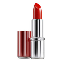 Obraz premium A close-up of a red lipstick with a shiny metallic casing, showcasing its vibrant color and sleek design.