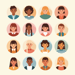 A diverse collection of multicultural people portraits presented as circular profile avatars.