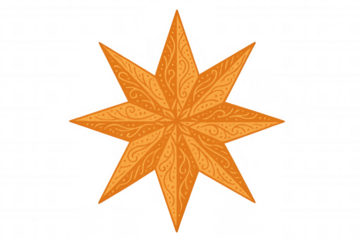 Orange eight-pointed star with decorative swirls on a transparent background, symbolizing celebration, festivity, and holiday spirit