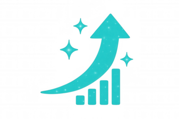 Turquoise bar graph with growing arrow and sparkles symbolizing increasing profits, on a transparent background