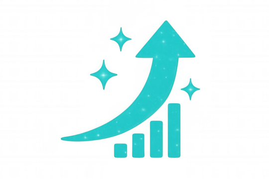Turquoise bar graph with growing arrow and sparkles symbolizing increasing profits, on a transparent background