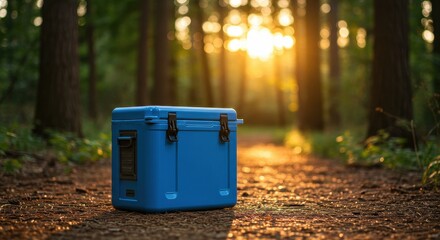 Blue Cooler on Forest Path with Sunlight Streaming through Trees in Nature Scene