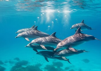 Fototapeta premium Underwater wide view of dolphins swimming through crystal-clear turquoise water with coral below