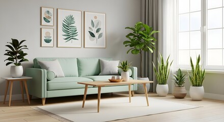 Fototapeta premium Light mint green sofa wooden coffee table and framed botanical above living room