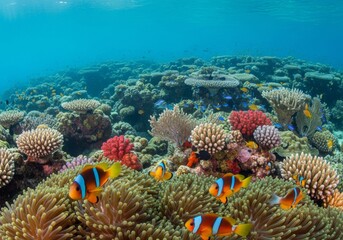 Expansive tropical reef with schools of clown fish, cinematic wide underwater landscape